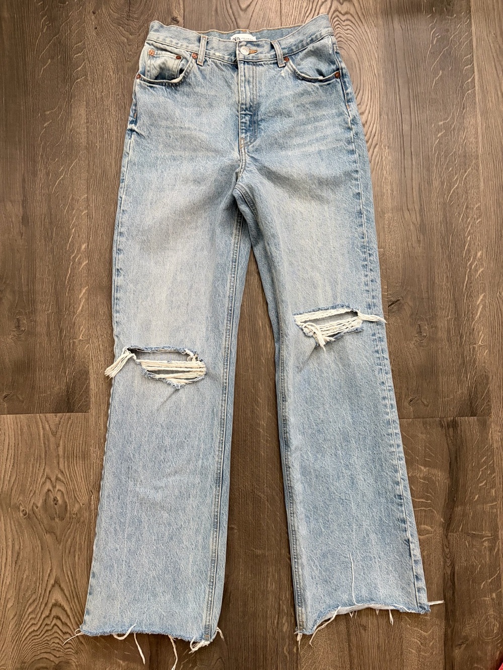 Zara Light Blue Distressed High-Rise Wide-Leg Jeans